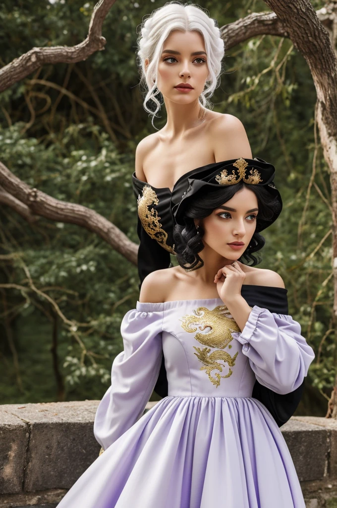 Deva Cassel with white hair and violet eyes, with a black off-the-shoulder long-sleeved dress, with gold details and embroidered dragons