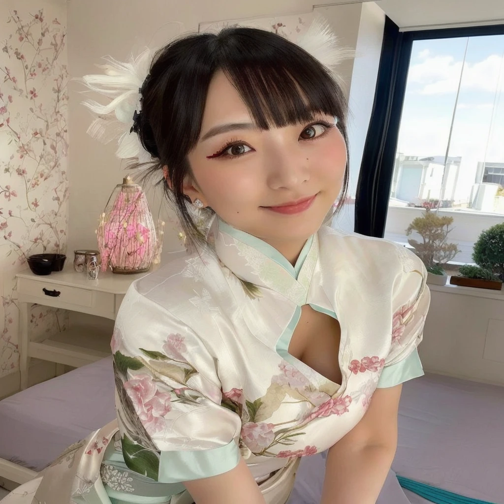 A woman in a white dress posing for a photo, Yoshitomo Nara, In kimono, shikamimi, Japanese Goddess, Beautiful Japanese girl face, sakimichan, Beldelfinn, Chiho, Realistic young gravure idol, Hole in the Motto, shinsui ito, sakimichan hdri、19 years old、Very large breasts