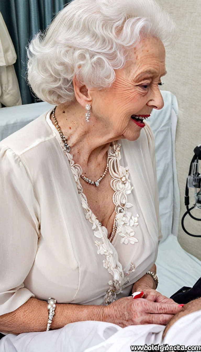 (sucking penis:1.3), (penis cum:1.4), (huge breast:1.6), (queen elizabeth 90yo at hospital), (look down:1.4), (profile side), (excessive cum on breast:1.4) (nsfw:1.4), (white chiffon blouse:1.5), (black skirt:1.3), (from belove:1.4)