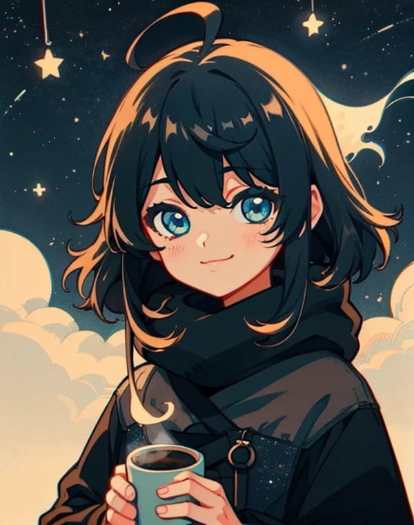 Close-up of a 20-year-old black-haired woman、Being Calm、gentle light、black background、Coffee、head shot、Lo-Fi Illustration、a relaxing sight、starry sky、Countless stars、night view、Scarf、hoodie、Steam from a hot drink、I feel relieved、smile