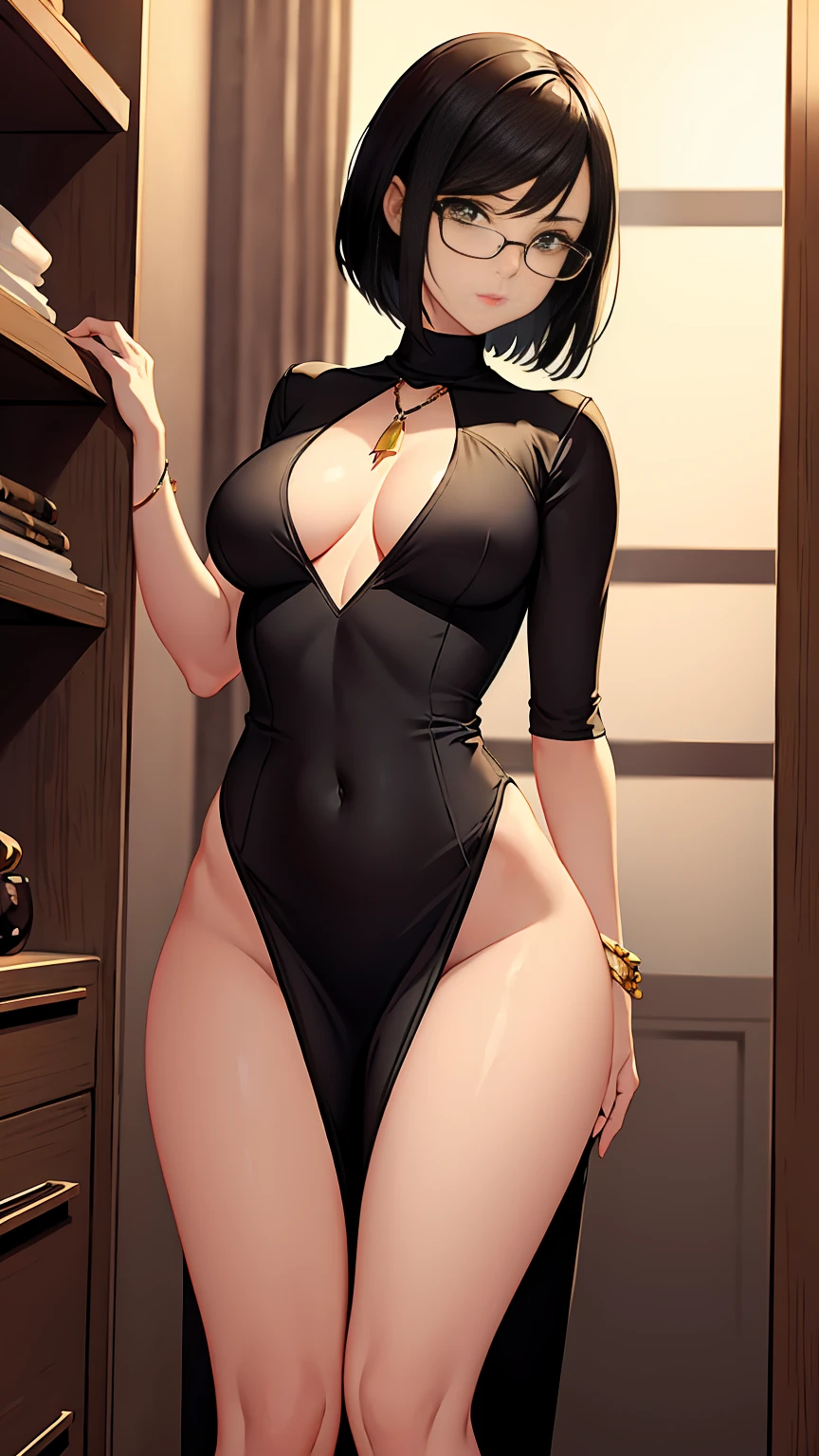Beautiful woman with short straight black hair with green eyes wearing a Mock Neck Cut Out Dress, Sexy Criss Cross Mock Neck Dress With Short Sleeves, luxurious jewelry and luxurious necklace, rimless glasses, high heel shoes, standing in her fitting room at night, (caucasian skin), (light brown lipstick), (elegant mascara), (slim body with abs), (small breasts), (wide hips), midjourney, <lora:GoodHands-, <lora:GoodLegs-, UHD, high resolution, (masterpiece:1.9, best quality), (expressive eyes, perfect face, full body, expressive face, perfect body, perfect pussy, athletic, fit, slim body, blushing, Perfect makeup, eyeliner, beautiful eyelashes, smiling, horny face), ((best illumination, best shadows)), ((sexy pose))