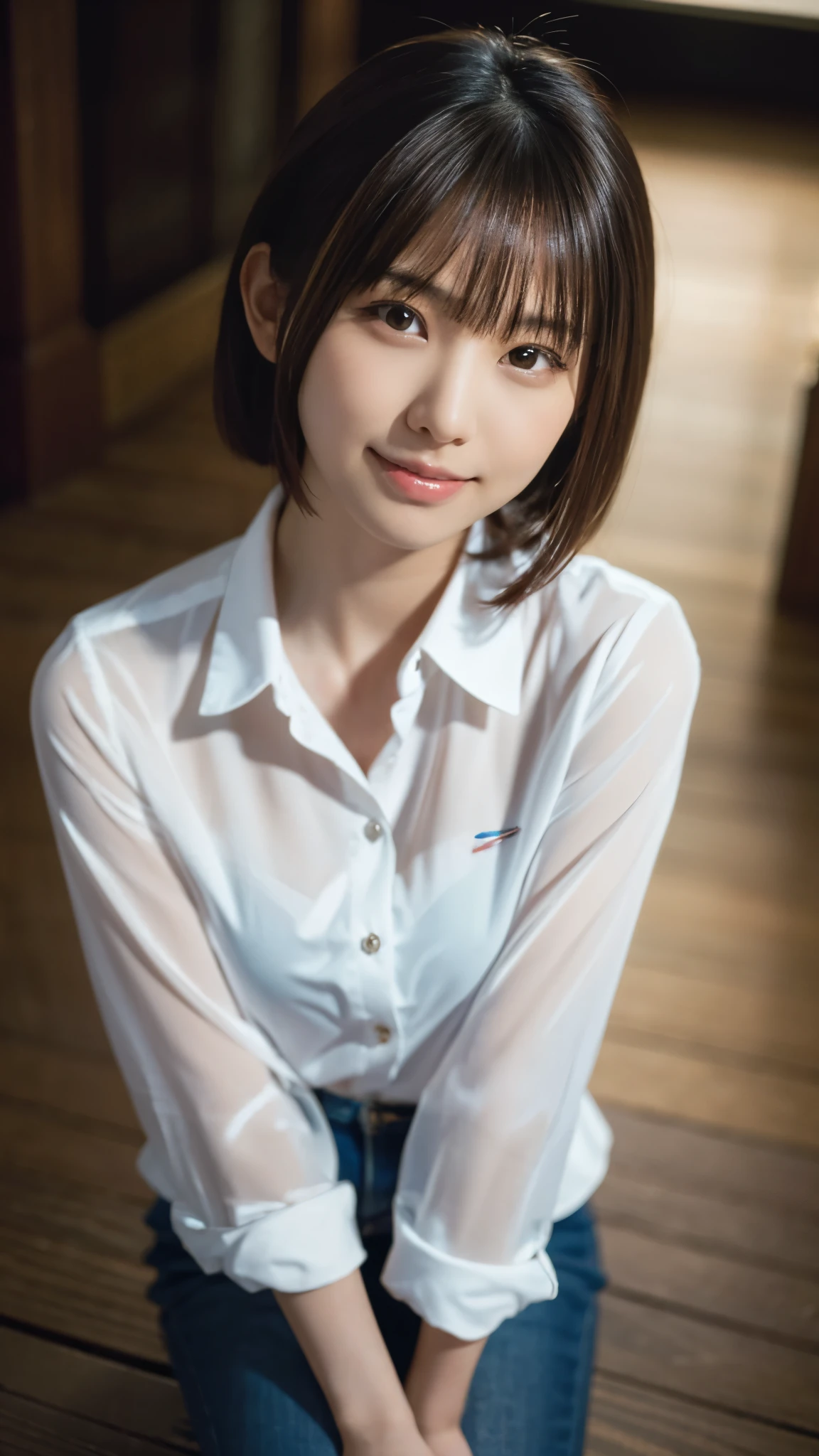 (8k, RAW Photos, highest quality, masterpiece:1.2), (Realistic, photo-Realistic:1.37), Super detailed, 1 girl,cute, alone,Beautifully detailed skies,Detailed cafe,night,Sitting,Date,(Red nose),(smile:1.1),(Mouth closed), Medium chest,Beautiful fine details,(Transparent collared shirt:1.1),Pleated skirt,(short hair:1.2),Floating Hair,Raised nipples,Sheer papillae,