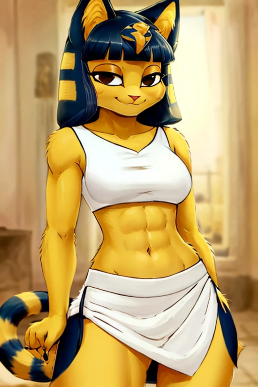 ((best quality)), ((masterpiece)), (detailed),  digital artwork of cat ankha with abs wearing a crop top of her white sleeveless dress with white long dress skirt, a bare midriff and a bare navel, , Egyptian setting, anthro, furry style, tail, she is smiling and chuckling