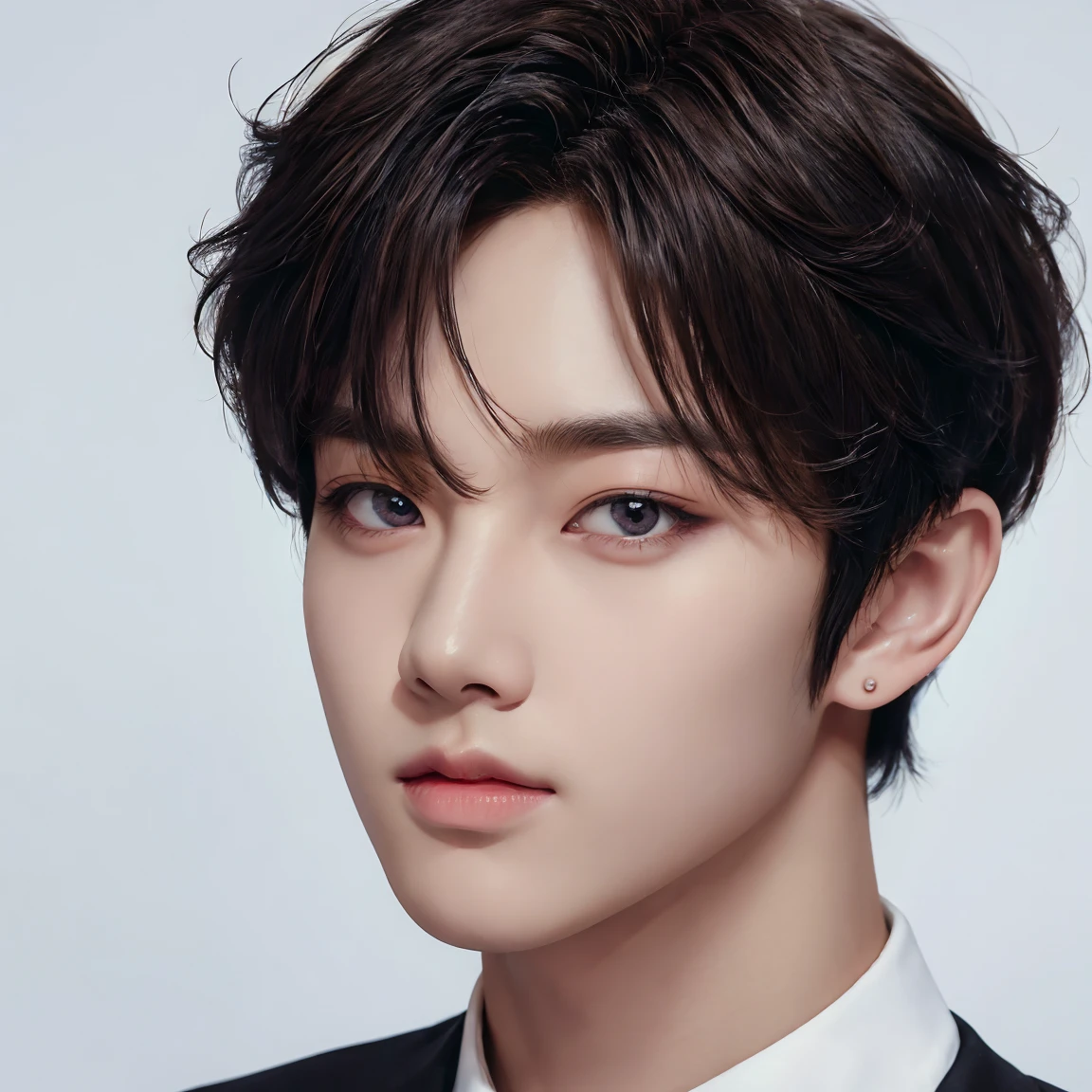 professional portrait photograph, handsome young man, model, crew cut, detailed face, detailed eyes, plain background, kpop