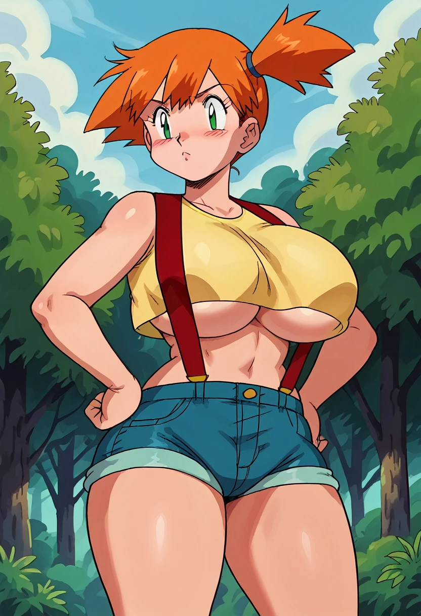  anime screencap, score_9,  score_8_up, score_7_up, score_6_up, source_anime, 1girl, solo, misty \(pokemon\), side ponytail, blush, yellow tank top, suspenders, hands on hips, denim shorts, forest, tree, sky,S2Z0n1c21.5XL style, huge breasts, underboob, 