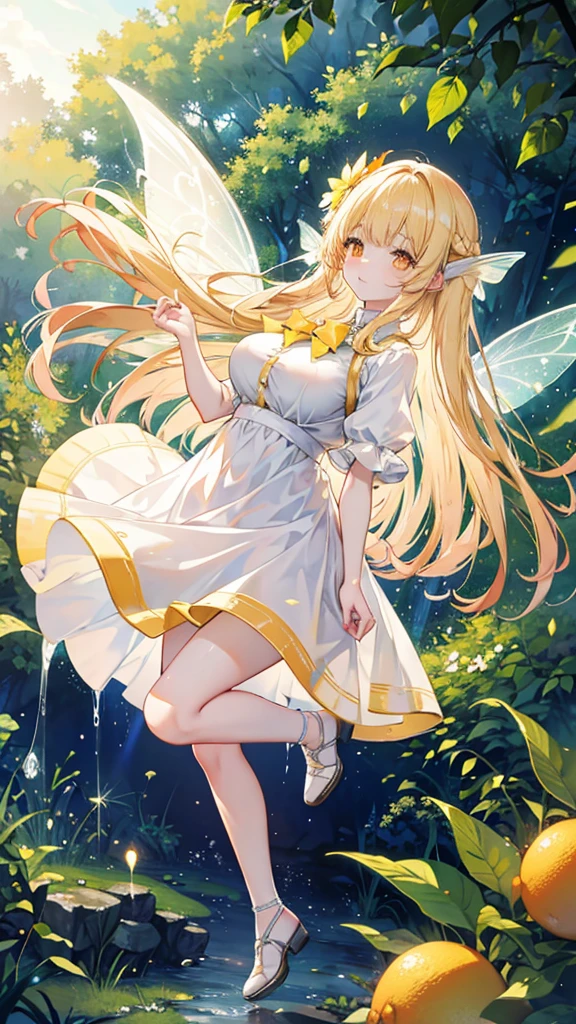 Full body, cute, , big breasts, flying in the sky, in the forest, white dress, long hair, alone, short, fairy wings, honey blonde hair, lemon tree, orange eyes 