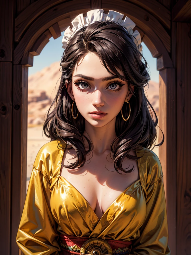 (masterpiece:1.2), (best quality:1.2), perfect eyes, perfect face, perfect lighting, photoshoot, 1girl, mature female wearing SSAHC, SSAHC, dark-skinned, colorful tribal dress, headdress, thick eyelashes, makeup, eyeshadow, medium hair, oasis, desert detailed outdoor backgrounds, sultry look, seductive
