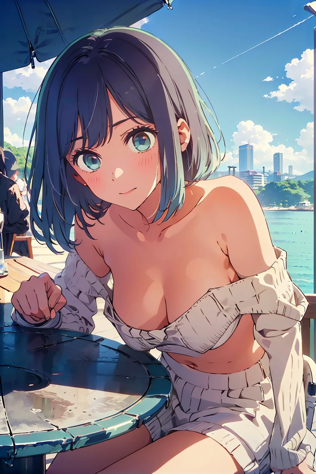 (Highest quality:1.4、8K:1.4、detailed)、F cup bust、Big Breasts、Slim body、Very white beautiful skin、((((1 person、Troubled expression、sit、Chair、In the background are the urban buildings of Tokyo、looking at the camera、Outdoor café terrace、coastal、Navy hair color、juice、Shooting up close、Shooting from an angle、table、Very cute face))))、((((nude、Areola))))、(Touching hair with one hand:1.4)、(((Off-the-shoulder sweater)))、Nipples、Very blue sky、A completely cloudless sky