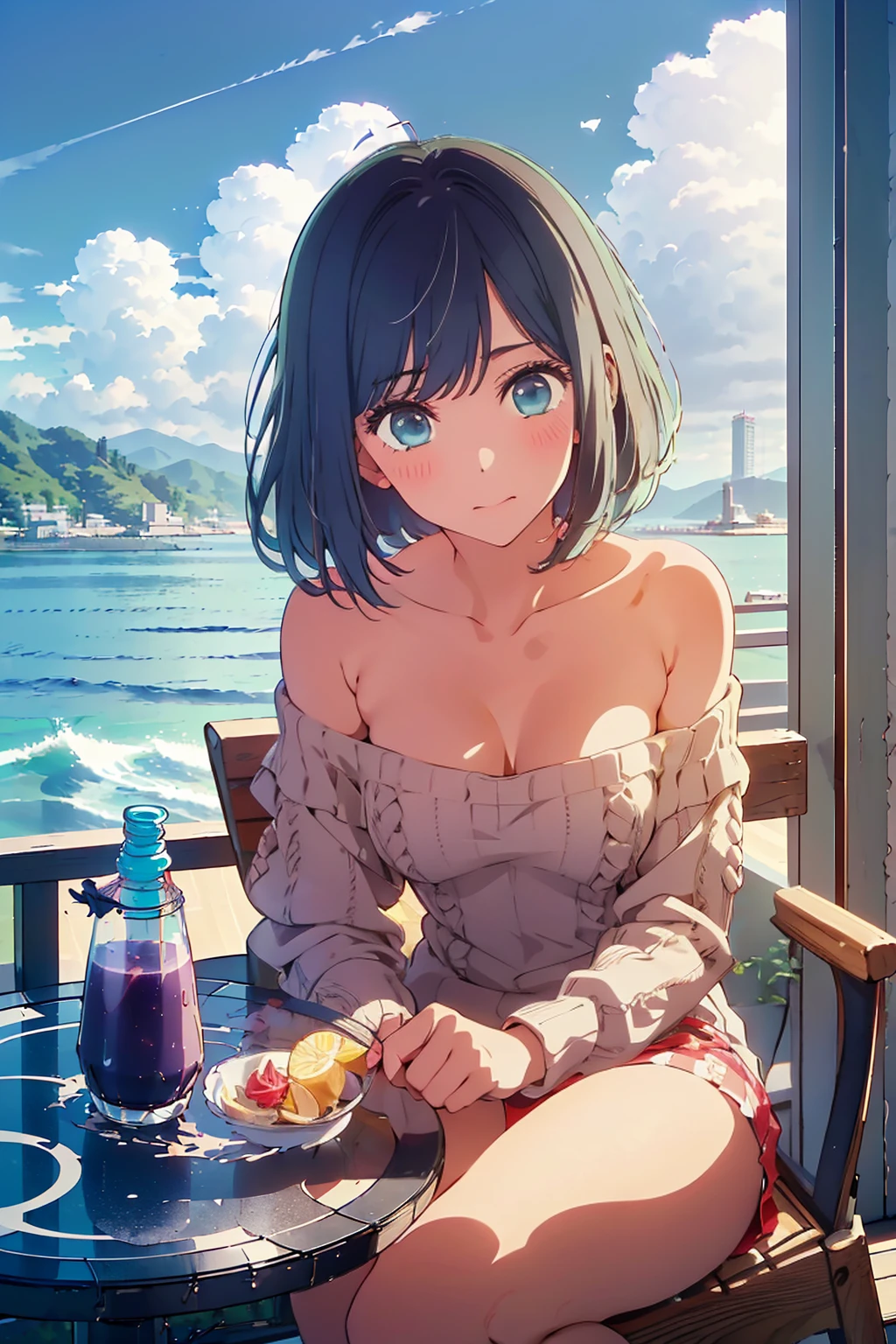 (Highest quality:1.4、8K:1.4、detailed)、F cup bust、Big Breasts、Slim body、Very white beautiful skin、((((1 person、Troubled expression、sit、Chair、In the background are the urban buildings of Tokyo、looking at the camera、Outdoor café terrace、coastal、Navy hair color、juice、Shooting up close、Shooting from an angle、table、Very cute face))))、((((nude、Areola))))、(Touching hair with one hand:1.4)、(((Off-the-shoulder sweater)))、Nipples、Very blue sky、A completely cloudless sky