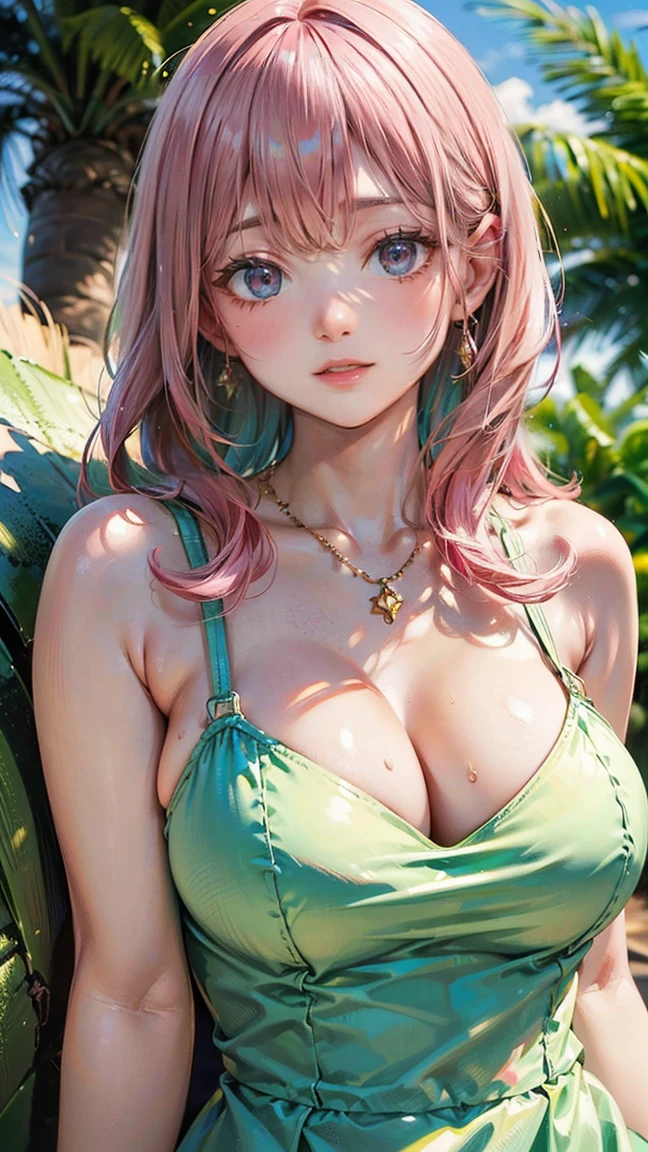 (Masterpiece, BestQuality:1.3), (ultra detailed:1.2), (hyperrealistic:1.3), (RAW photo:1.2), High detail RAW color photo, professional photograph, (Photorealistic:1.4), (realistic:1.4), professional lighting, perfect anatomy, (:1.2), (blush, detailed face), (cheerful Smile:1.5), Trending Hair&Trending Hairカラーをランダムに, earrings, necklace, bracelet, sexly, erotsexly, sexy gure poses, (A tiful pink-haired woman wearing a pastel green summer dress、She is smiling and striking a sexy pose while resting in shade of a palm tree.。: 1.3)