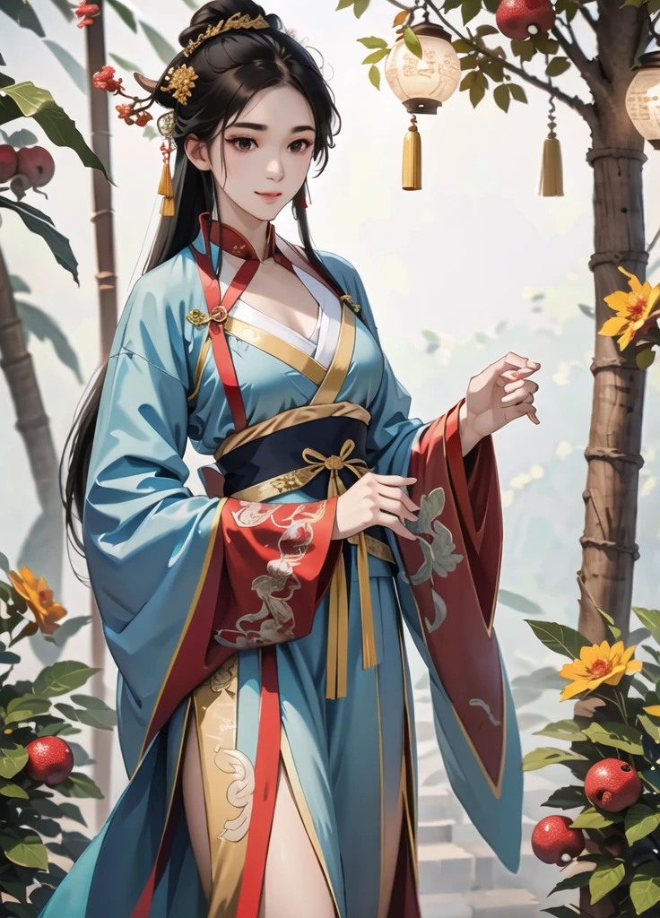one-girl， Ancient Chinese clothing，Wolfberry-like hairpin， Side face， rays of sunshine， Clear face， 