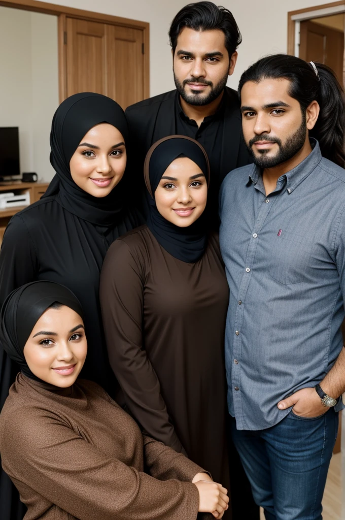 A plump woman in hijab, a man with black ponytail and a woman with wavy brown hair