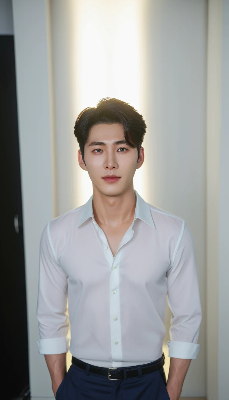 Best Quality, 8k, Masterpiece, (Portrait: 1.3), (photo realistic:1.4), (hyper realistic:1.4), Sharp Focus, looking at viewer, (smoother lighting:1.1), (increase cinematic lighting quality:0.9), realistic lighting, backlighting, light on face, ray trace, (brightening light:1.2), (Increase quality:1.4), sharp detail, (best quality real texture skin:1.4), finely detailed eyes, black_eyes, finely detailed face, 25 year old Korean man