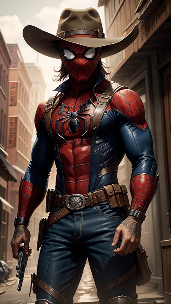Spider-man in Wild West style, wearing Cowboys lather clothes, full mask, Cowboys hat and bring a pistol, in cowboy city, cinematic, extreem realistic, extreem detailed, extreem Sharp, super high resolution image, best quality photo,
