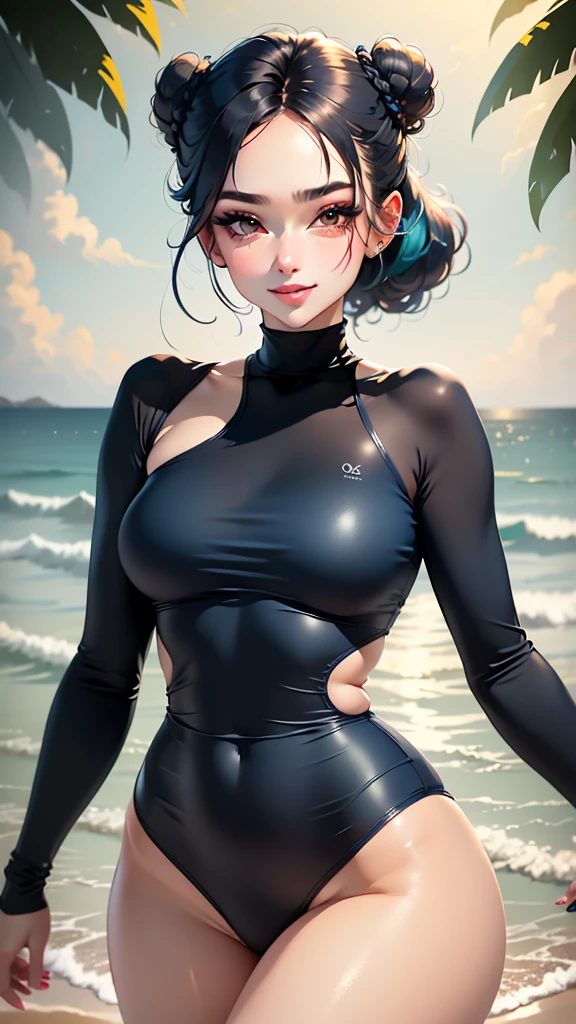 (masterpiece), vector graphics, outline, beautiful detailed eyes, gradient eyes, (navy eyes), highres, original, hyper quality, eyeshadow, eyeliner, cyan nails, form-fitting fabric, one-piece swimsuit, (illustration), gamboge, ink splashing, beautifully painted, beautifully detailed hair, smile, defined detailed face, minute details, (ocean landscape), (sea background), indie aesthetic, beach theme, (((good anatomy))), (woman), (short hair), (hair bun), (navy hair), medium breasts, marbling with hair and clothes), (original)