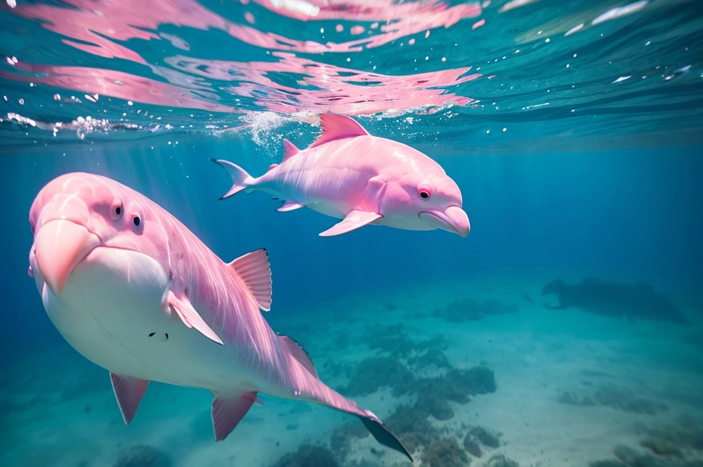 pink dolphin swim in thai ocean near speed boat, real photography, medium shot Realistic, sharp