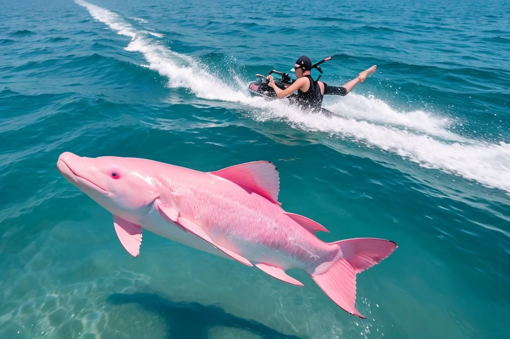 pink dolphin swim in thai ocean near speed boat, real photography, medium shot Realistic, sharp
