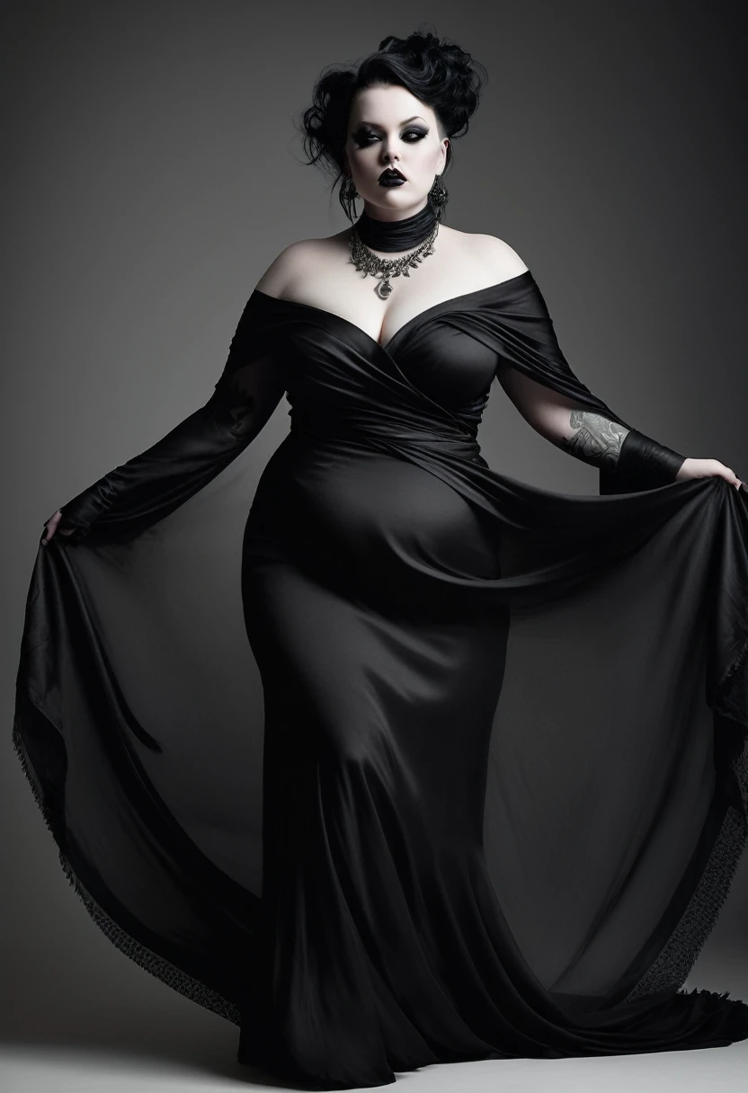 A stunning, high-realistic, studio photograph of a chubby scandinavian goth woman goth tatttos, pale skin, goth make-up dancing, clothed only in intricately draped, flowing black silk scarves, evoking a sense of elegance and grace. Captured in a monochromatic color palette, the black and white tone amplifies the textures and shadows, adding depth to the fluid, energetic movement of the subject. Soft, diffused lighting accentuates the woman's sinuous curves, as her slender limbs seem to blur in motion, exuding a sense of freedom and melancholy.