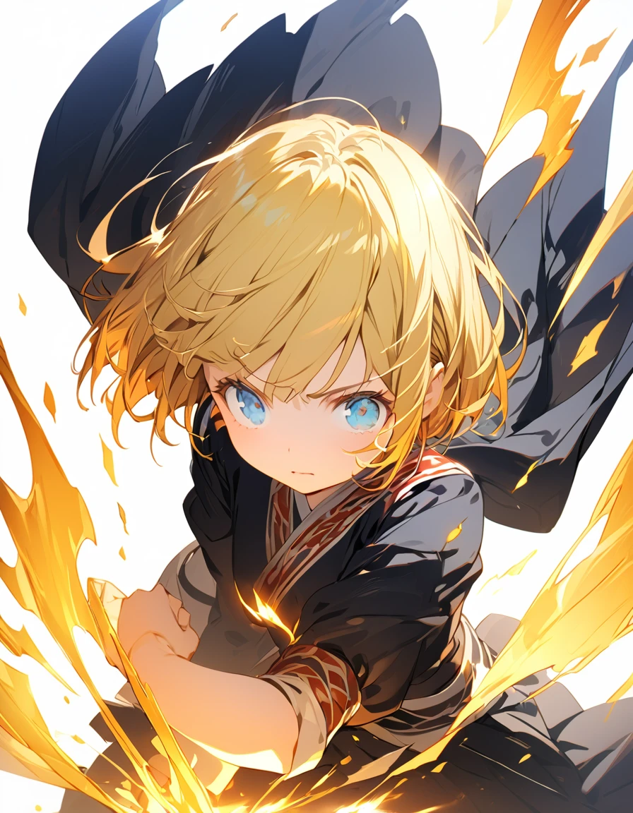 A masterpiece of ultra-precise description of a girl fighting with golden flames (Short Bob Hair:1.4),(blue eyes)Fighting pose Golden flames rise all over