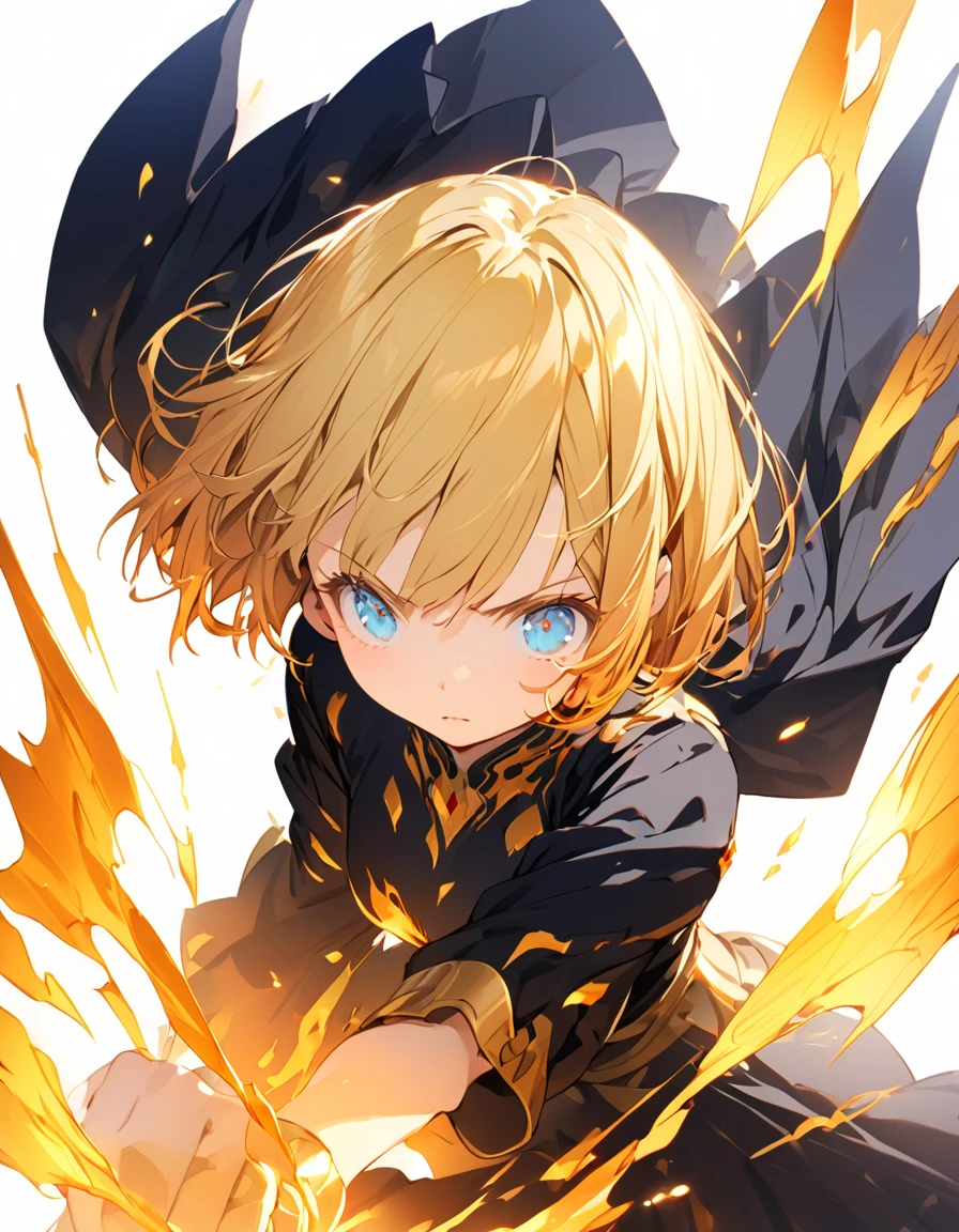 A masterpiece of ultra-precise description of a girl fighting with golden flames (Short Bob Hair:1.4),(blue eyes)Fighting pose Golden flames rise all over
