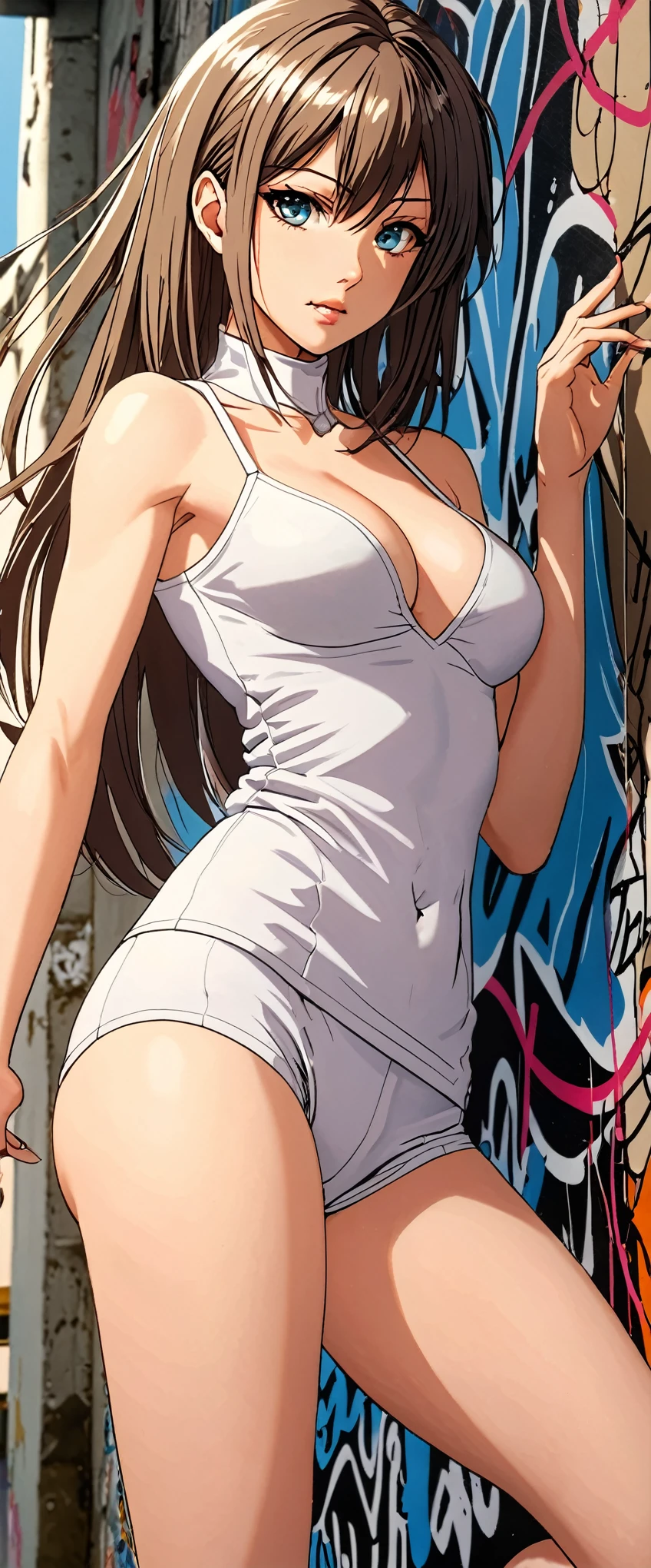 Anime Art Photos,unique、Stunning、Beautiful woman, Stunning details, Extremely detailed eyes, Delicate skin,Flawless texture,Delicate and exquisite, The soft hair falls gracefully on the neck, Her lips are plump, Tights,Show your shoulders, Dynamic pose against graffiti wall, Superb composition, The lighting highlights her natural beauty, Soft shadows and highlights, Incredible skills and attention to detail, Nuances and details, supersharp focus, Kahn Griffiths, Conrad Rosset, annie lebovetz, Ultra Detailed, Soft Light, sharp, Hasselblad Masterclass, . Anime style, key point, Energetic, Studio anime, Very detailed