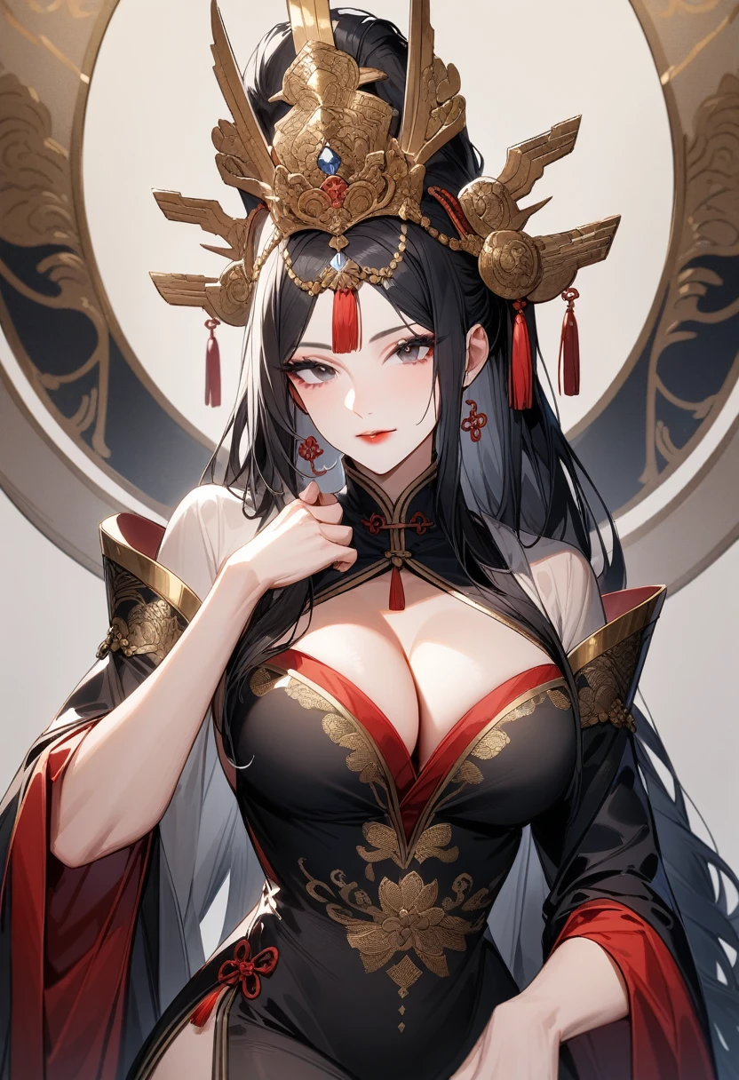 Mature women，Black long hair，Chinese style，Empress，Showing ，Beautiful black eyes，Extremely detailed，high resolution，Simple background
