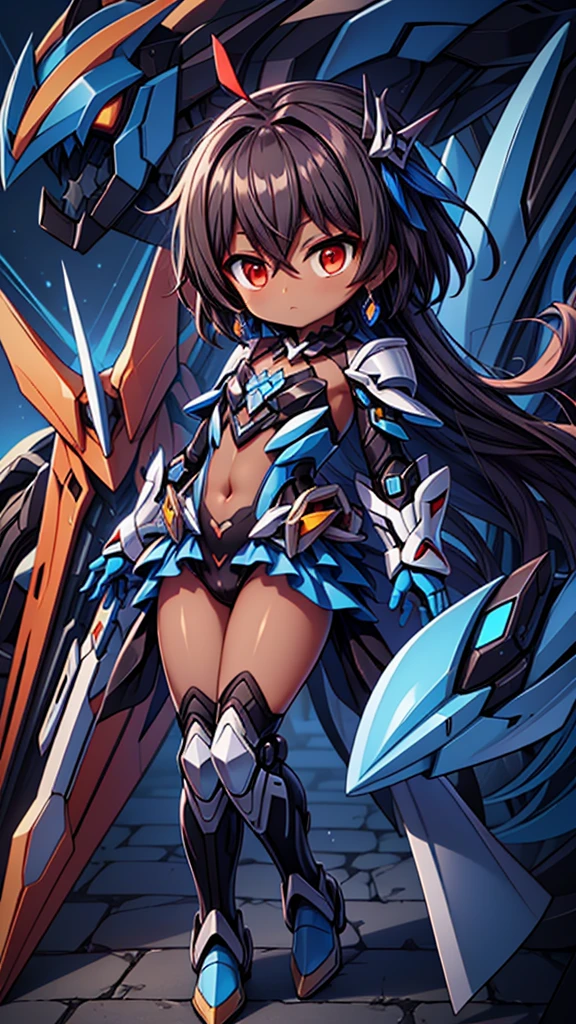 (((dark skin tone))),dark skin male, femboy, dark skin, cute shota,red eyes, ((blue mecha hairpin)), dark brown hair medium hair,wearing a black exoskeleton, blue gauntlet's, honkai impact herrscher of reason, full armour mecha_musame, orange gem on chest, fullbody close-up 