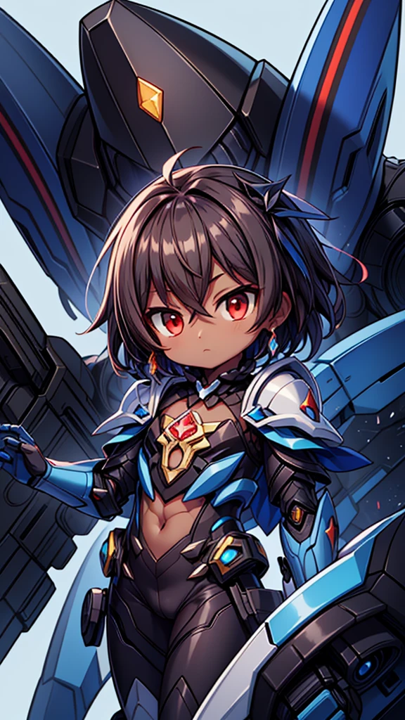 (((dark skin tone))),dark skin male, femboy, dark skin, cute shota,red eyes, ((blue mecha hairpin)), dark brown hair medium hair,wearing a black exoskeleton, blue gauntlet's, honkai impact herrscher of reason, full armour mecha_musame, orange gem on chest, fullbody close-up 