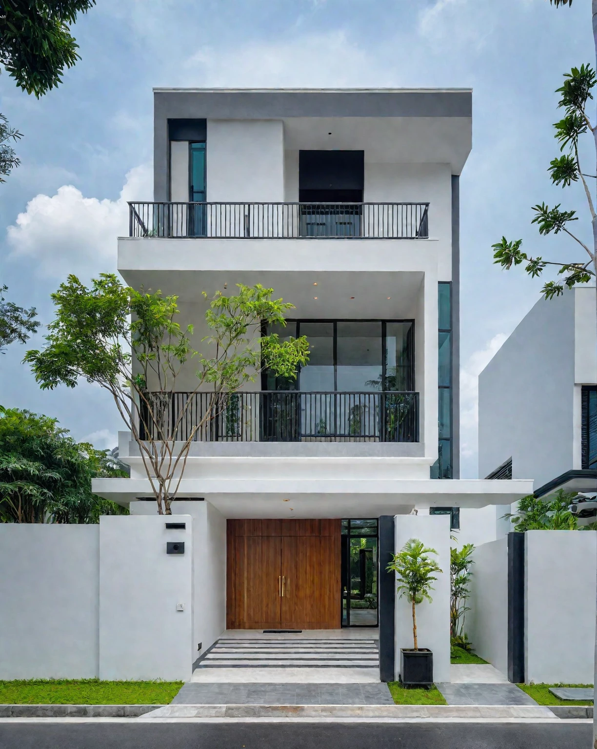 RAW photo, a photo of a modern villa, sidewalk, sidewalk trees, steel gate, road, viet nam modern residence, a car parked in front of it, rough white wall, new residential area, wide angle exterior 2022, contemporary house, exterior photography, masterpiece, contemporary architecture, overcast, indirect lighting