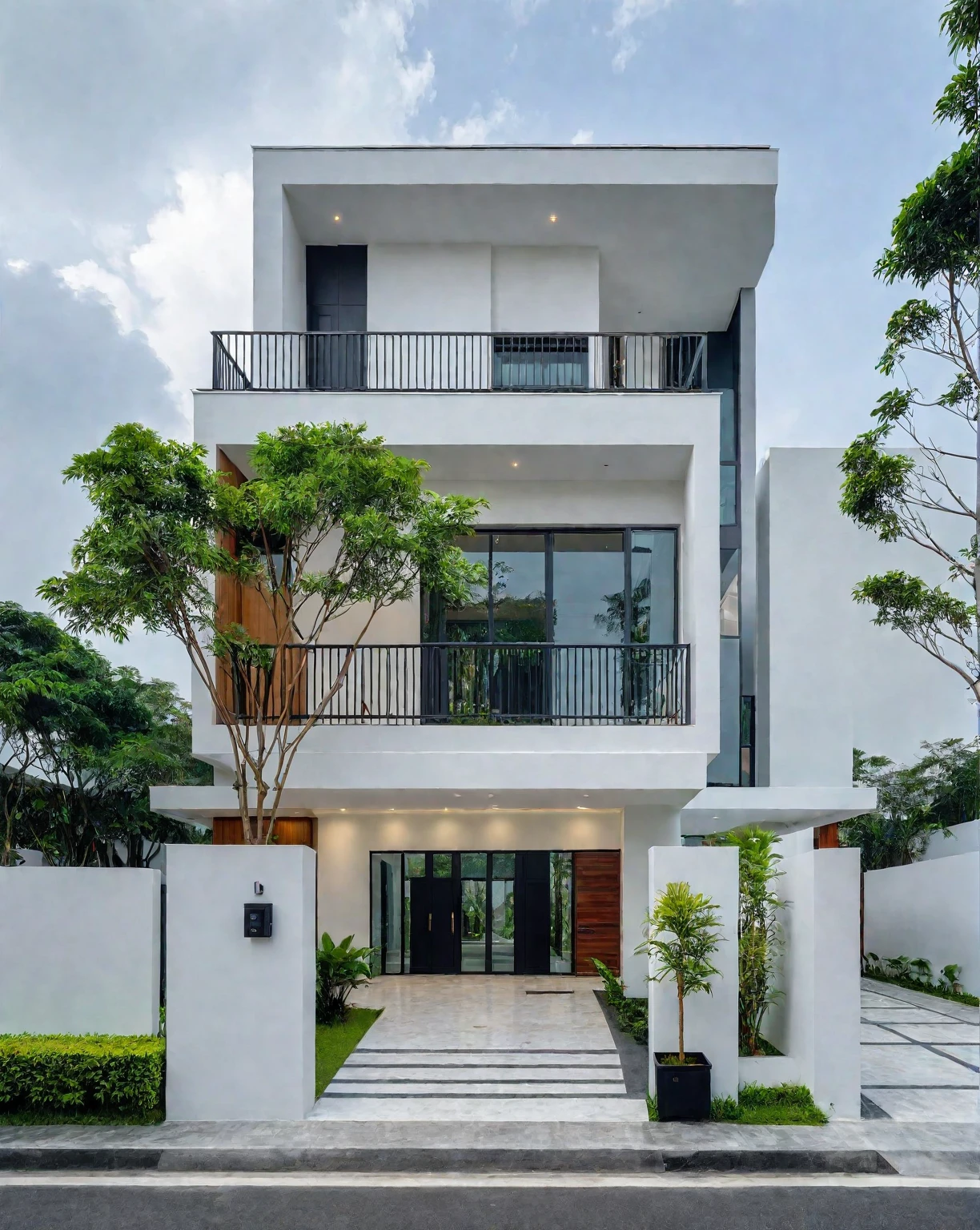 RAW photo, a photo of a modern villa, sidewalk, sidewalk trees, steel gate, road, viet nam modern residence, a car parked in front of it, rough white wall, new residential area, wide angle exterior 2022, contemporary house, exterior photography, masterpiece, contemporary architecture, overcast, indirect lighting