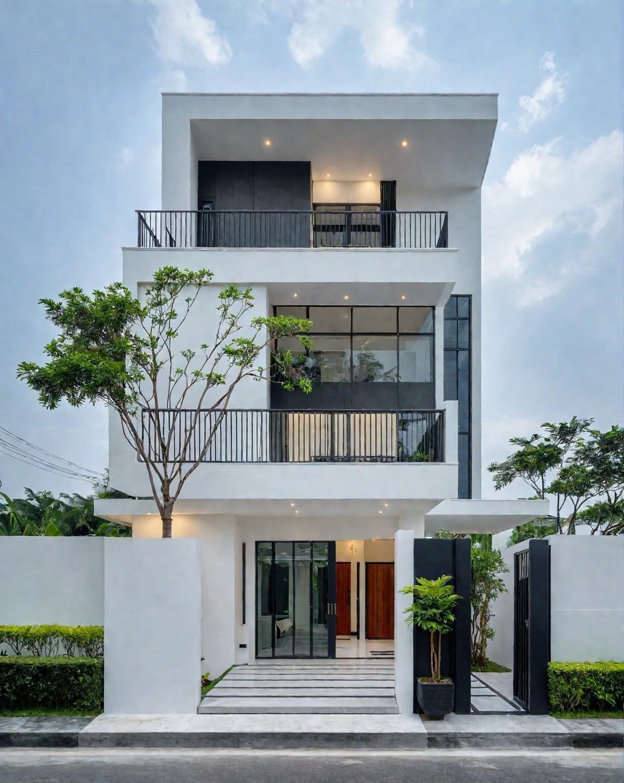 RAW photo, a photo of a modern villa, sidewalk, sidewalk trees, steel gate, road, viet nam modern residence, a car parked in front of it, rough white wall, new residential area, wide angle exterior 2022, contemporary house, exterior photography, masterpiece, contemporary architecture, overcast, indirect lighting