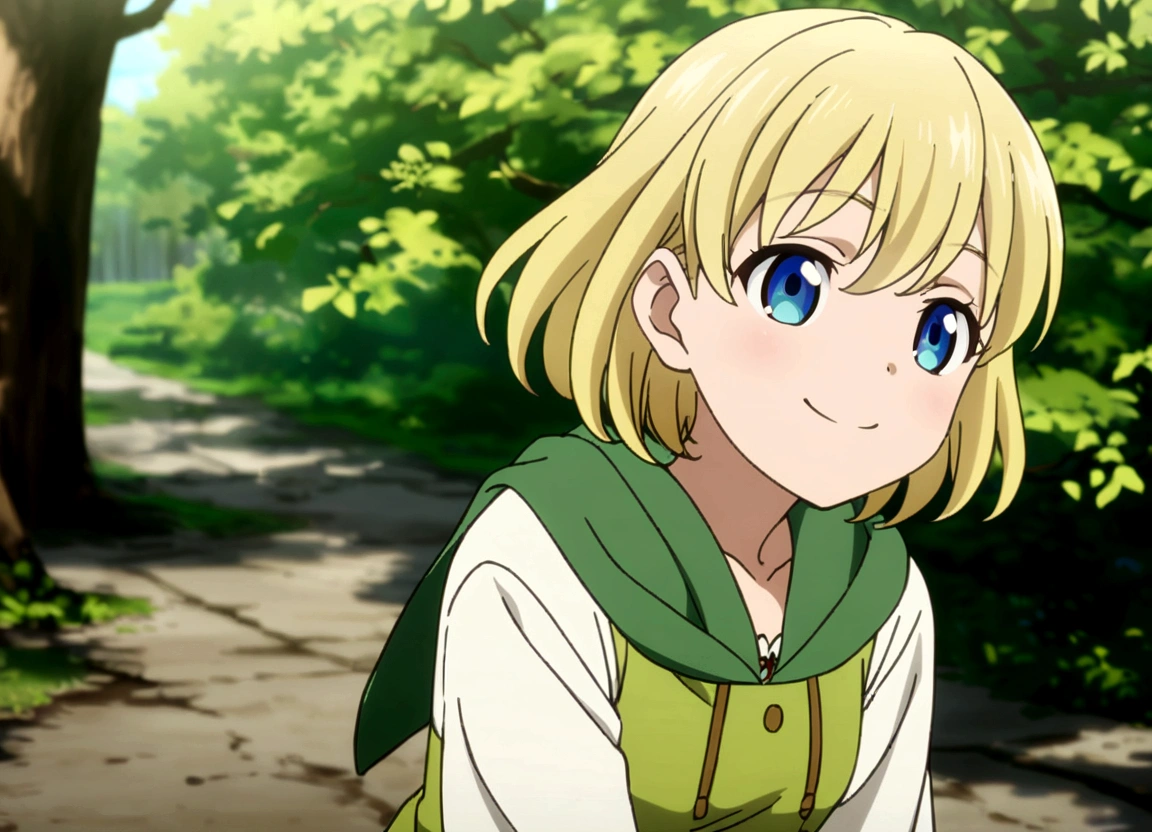 female　Green clothes　Short Hair　Blonde　smiling　anime