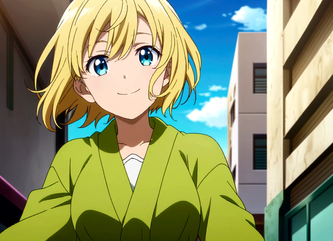 female　Green clothes　Short Hair　Blonde　smiling　anime