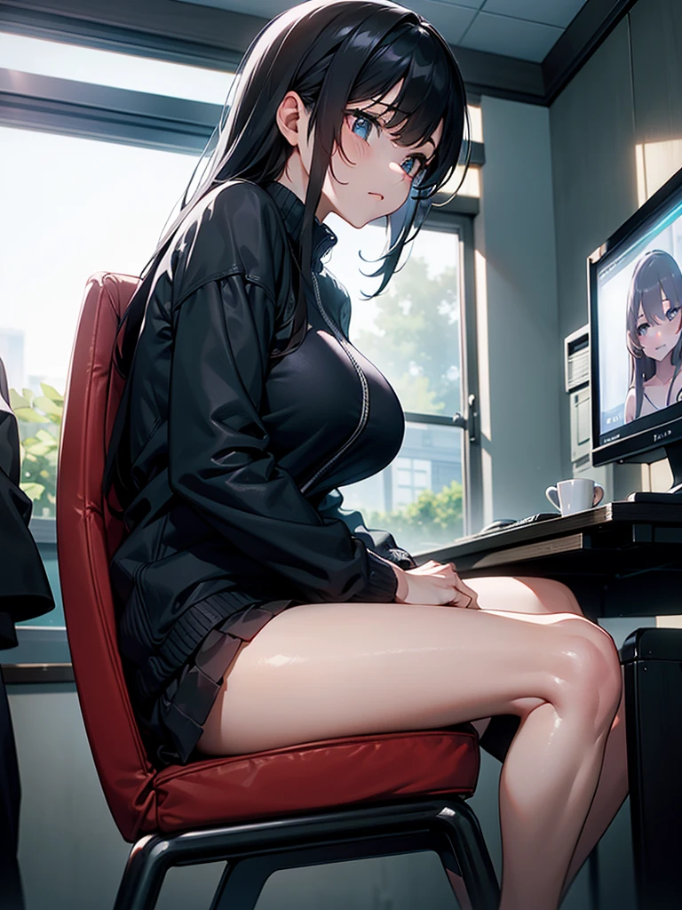 (masterpiece、top-quality、hight resolution、Unity 8k Wallpaper、extremely details CG:1), In a very small, dimly lit room about the size of a private room in an Internet cafe, a young girl is masturbating while intently watching the TV screen. The room is very small and has only a chair and a TV. The girl is completely absorbed in the adult video, her eyes wide open and breathing roughly, fascinated. It is as if she is seeing something incredible for the first time. The scene is painted from the side, showing her sitting on the edge of the chair, leaning slightly forward and concentrating on the screen in profile. Her expression is one of pure engrossment, completely unaware of her surroundings. Her sexual pleasure rises with her first adult video. nsfw
