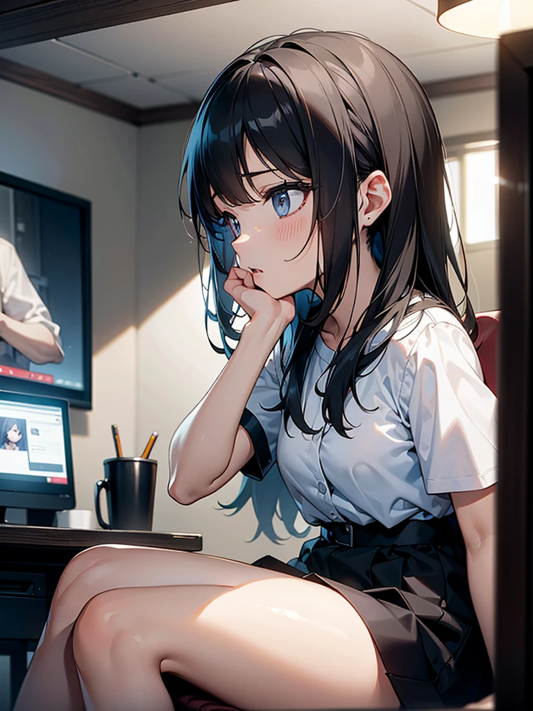 (masterpiece、top-quality、hight resolution、Unity 8k Wallpaper、extremely details CG:1), In a very small, dimly lit room about the size of a private room in an Internet cafe, a young girl is masturbating while intently watching the TV screen. The room is very small and has only a chair and a TV. The girl is completely absorbed in the adult video, her eyes wide open and breathing roughly, fascinated. It is as if she is seeing something incredible for the first time. The scene is painted from the side, showing her sitting on the edge of the chair, leaning slightly forward and concentrating on the screen in profile. Her expression is one of pure engrossment, completely unaware of her surroundings. Her sexual pleasure rises with her first adult video. nsfw