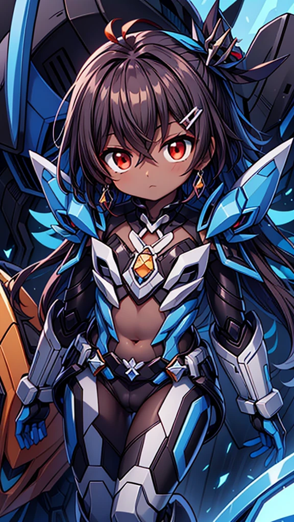 (((dark skin tone))),dark skin male, femboy, dark skin, cute shota,red eyes, ((blue mecha hairpin)), dark brown hair medium hair,wearing a black exoskeleton, blue gauntlet's, honkai impact herrscher of reason, full armour mecha_musame, orange gem on chest, fullbody close-up 