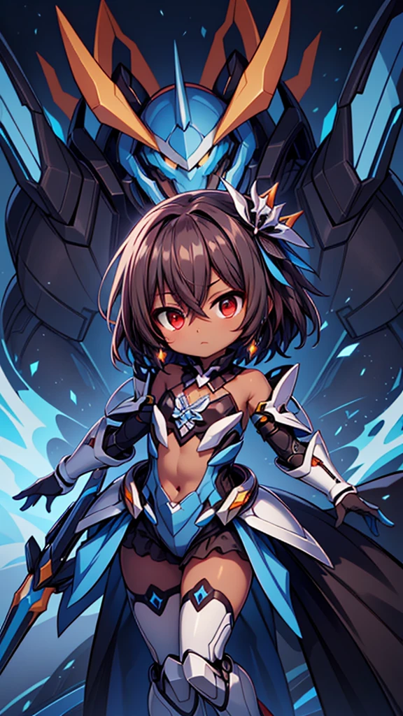 (((dark skin tone))),dark skin male, femboy, dark skin, cute shota,red eyes, ((blue mecha hairpin)), dark brown hair medium hair,wearing a black exoskeleton, blue gauntlet's, honkai impact herrscher of reason, full armour mecha_musame, orange gem on chest, fullbody close-up 