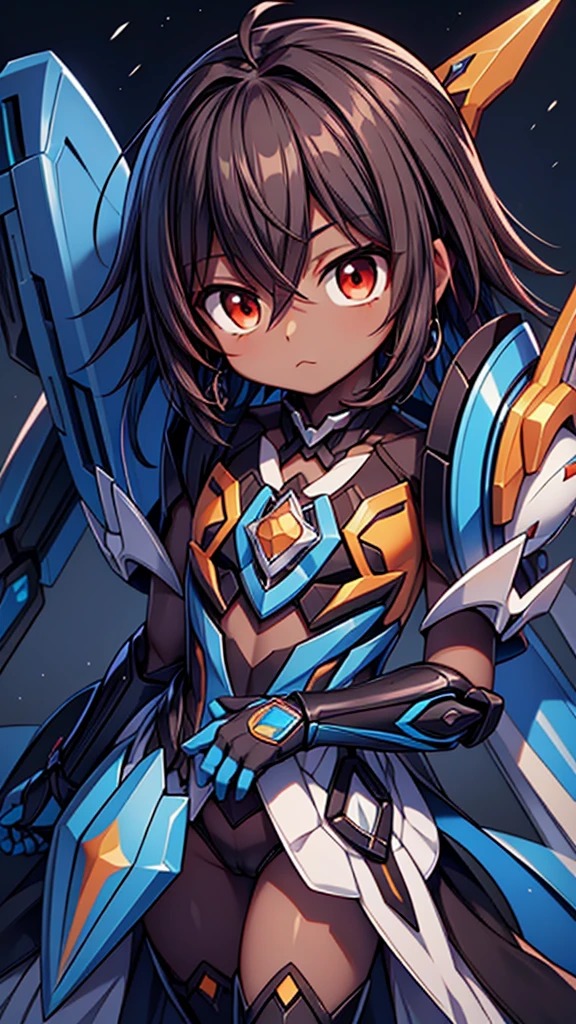 (((dark skin tone))),dark skin male, femboy, dark skin, cute shota,red eyes, ((blue mecha hairpin)), dark brown hair medium hair,wearing a black exoskeleton, blue gauntlet's, honkai impact herrscher of reason, full armour mecha_musame, orange gem on chest, fullbody close-up 