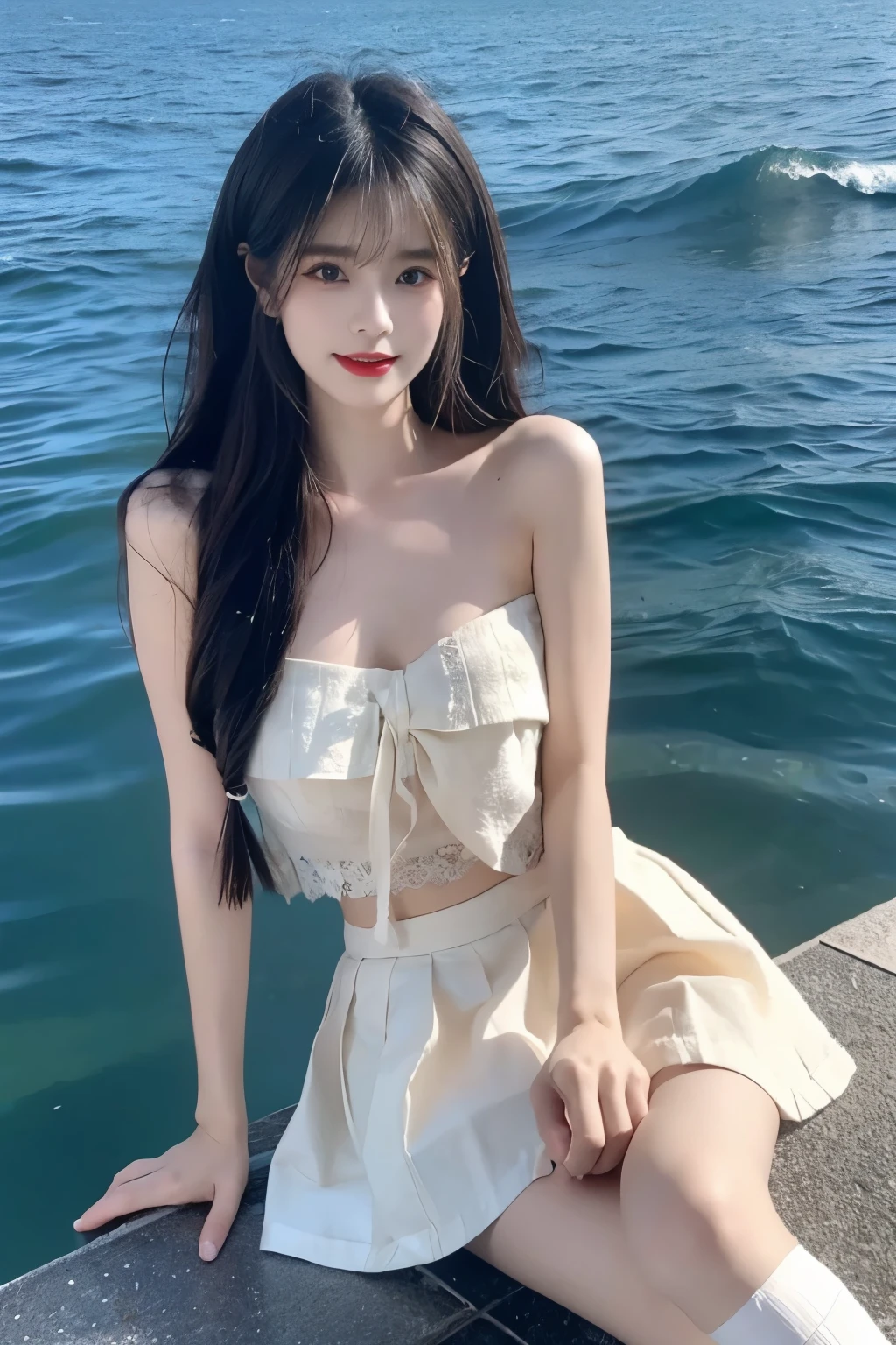 ((Large Breasts)), ((D cup)), Visible cleavage,Highly detailed face and skin texture,((Bare shoulder)), Double eyelids,Skin Whitening,Long hair,Whitening long legs,Standing by the sea, Fashion Girl, Red lips, Sweet Girl, Beautiful makeup, detail, lifelike, Very detailed, Astonishing, beautiful, Young and energetic, high quality,HD, Colorful, Beautifully, Smooth skin, The skirt is very short, Official Art, Extremely detailed, Movie atmosphere, Soft colors, Natural skin texture, Random scene, random shooting Angle, Black over-the-knee socks, lace hem