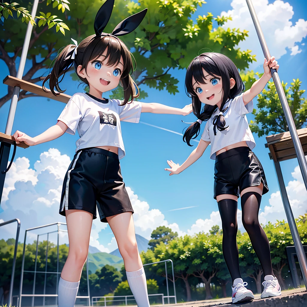 10 and 8 year old girls、blonde, Long Hair, blue eyes, Black Hair Ribbon, white shorts, Black leggings, Happy, Hilarious, Day, outside, White shoes, flat, short, Playing on the jungle gym in the park