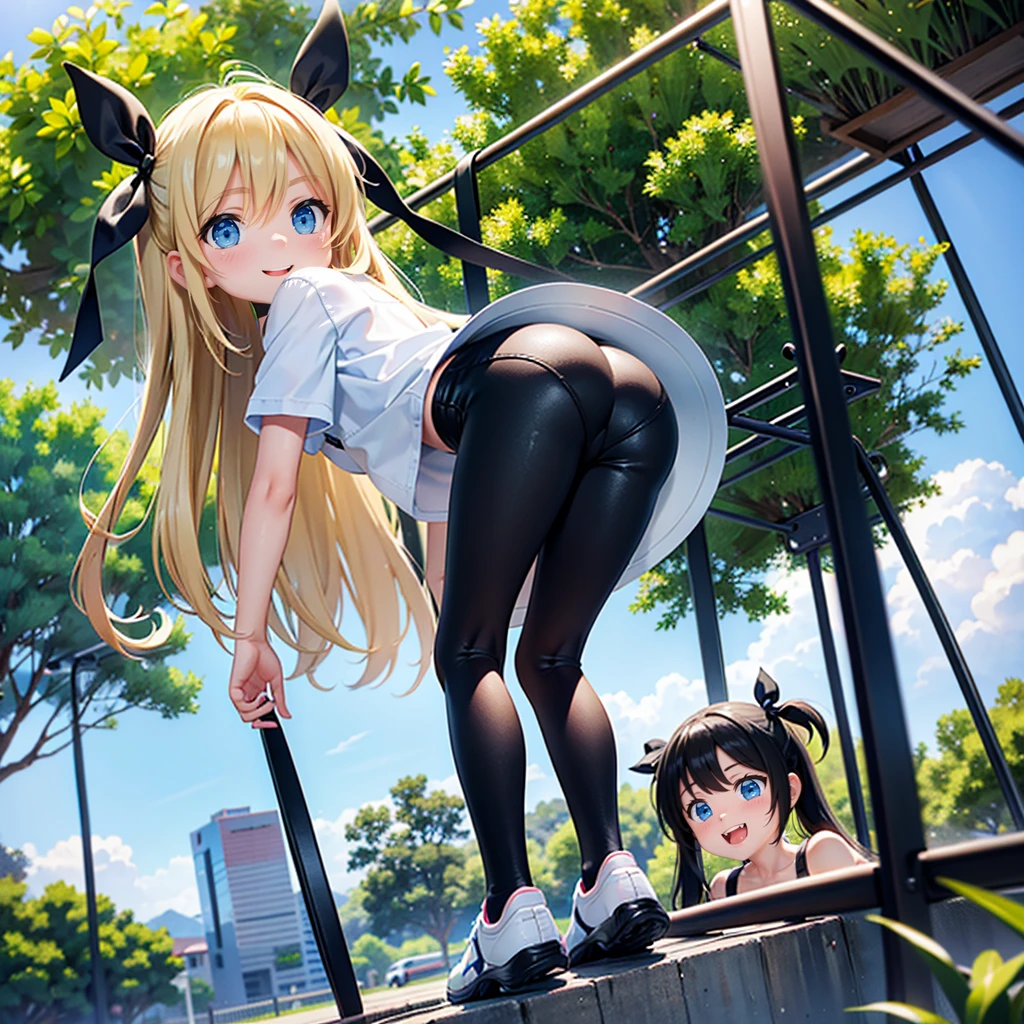 10 year old and 8 year old girls、blonde, Long Hair, blue eyes, Black hair ribbon,  white shorts, Black leggings, Happy, Hilarious, Day, outside, White shoes, flat, short, Playing on the jungle gym in the park