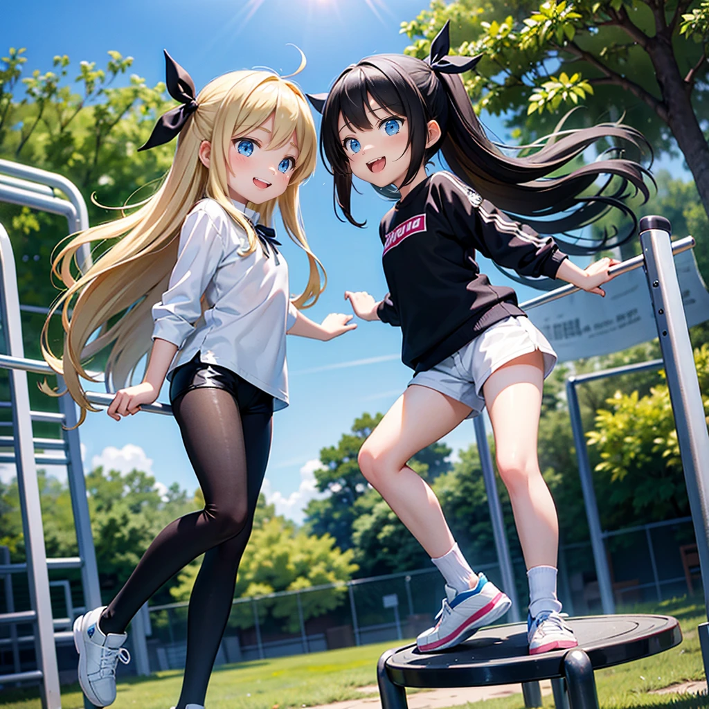 10 year old and 8 year old girls、blonde, Long Hair, blue eyes, Black hair ribbon, white shorts, Black leggings, Happy, Hilarious, Day, outside, White shoes, flat, short, Playing on the jungle gym in the park