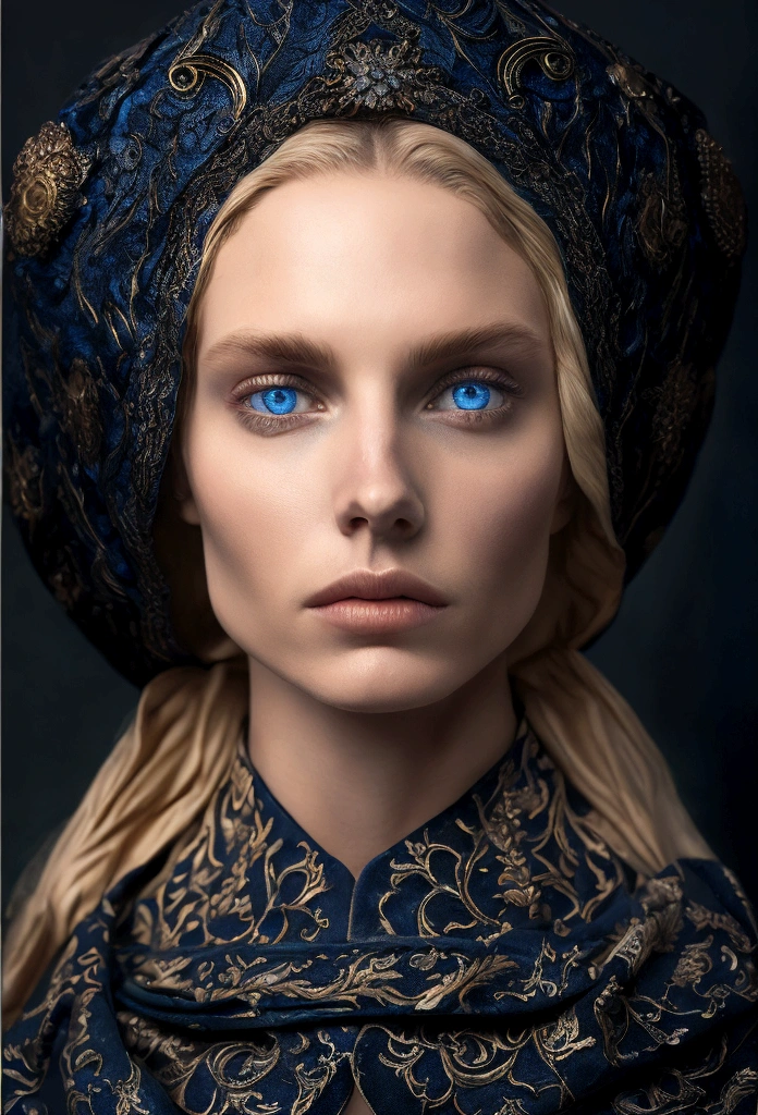 photorealistic photo of a blonde woman, nice face, blue eyes, head covered in black, a cross in the background, no makeup, detailed face, intricate details, cinematic lighting, dramatic shadows, moody atmosphere, dark colors, baroque, photorealistic, 8k, extremely detailed, masterpiece