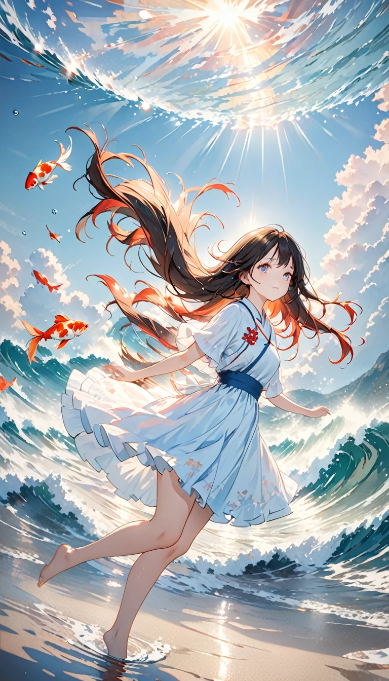 Koi swimming girl in the air,Messy long hair,Waves chasing life,Depth of Field,emphasize,Real Lighting,Ray Tracing,oc rendering,Surrealism,Best quality,8K,masterpiece,Ultrafine,detailed,Correct anatomy,Bokeh,Facial features are carefully depicted