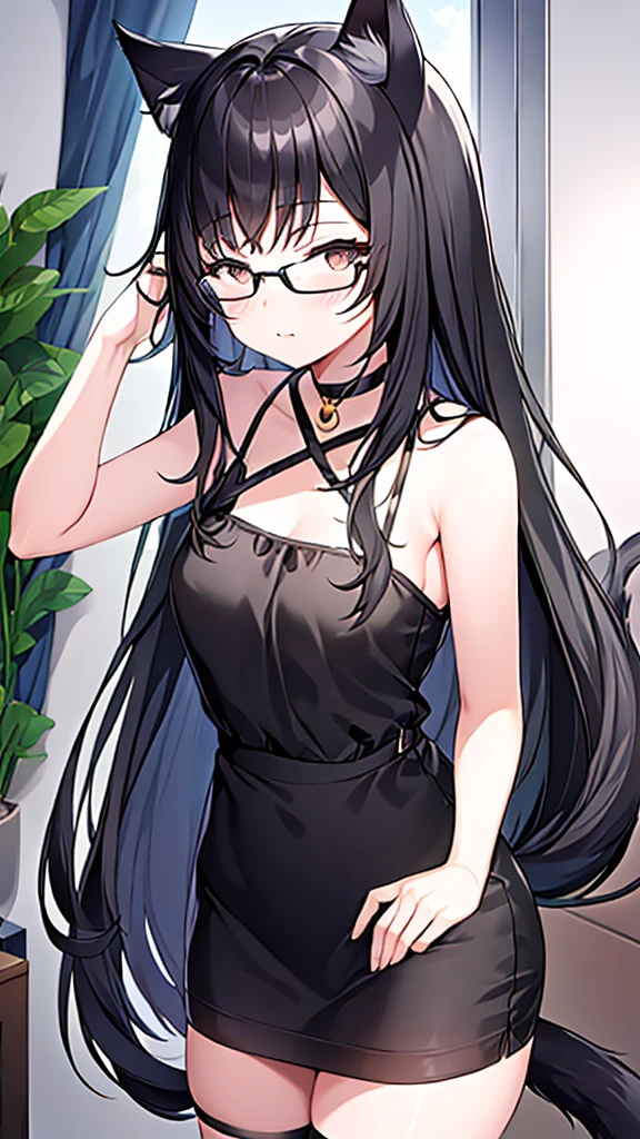 A 20-year-old cat girl with long black hair, gray eyes, cat ears and a cat tail, wears glasses, black  long dresses sexy, sleeveless, standing