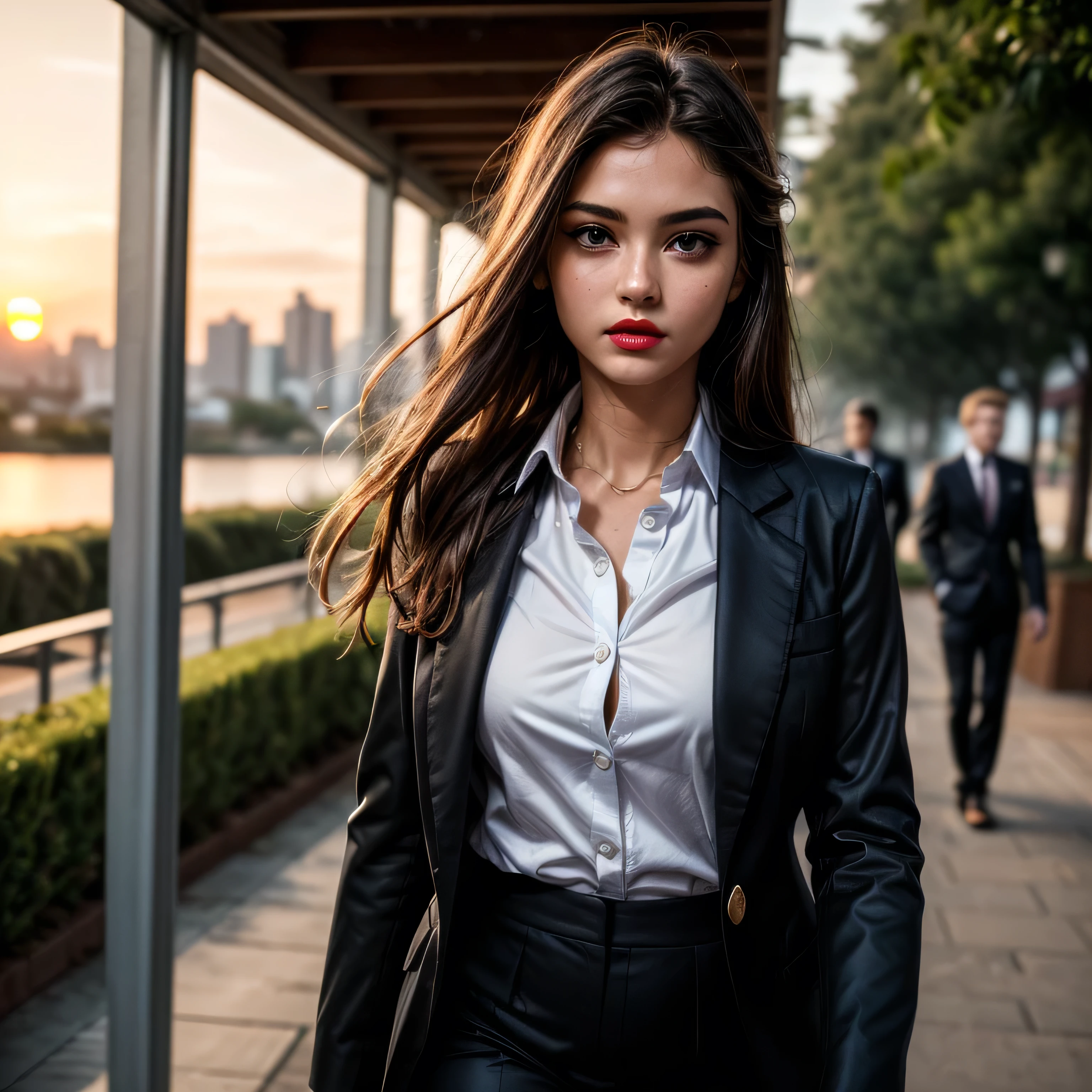 (masterpiece, photorealistic:1.4, extremely intricate:1.3, radiosity, photon mapping, dtx), ((nineteen female, teenage supermodel, ((business suit, black suit coat, white men's business shirt, stepping to the side, serious, looking away, 19 years old, humid, bright red lips)), long eyelashes, makeup:1.3)), ((([skin detail:freckles:0.9]))), outdoor, park, faraway city, professional photograph girl, (long straight hair [blonde hair:dark hair:0.1], wind), BREAK ((sunset), bokeh, blurry background)
