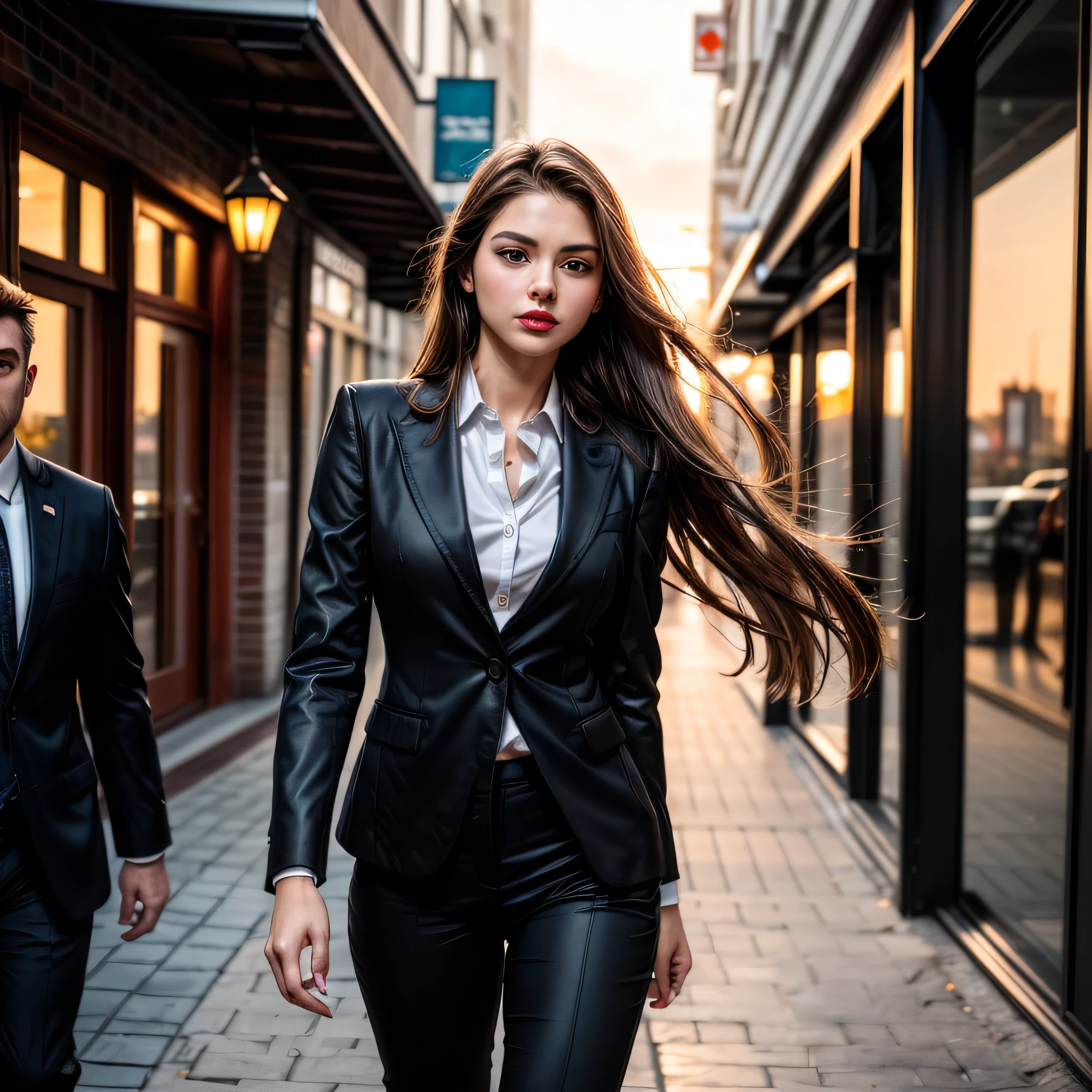 (masterpiece, photorealistic:1.4, extremely intricate:1.3, radiosity, photon mapping, dtx), ((nineteen female, teenage supermodel, ((business suit, black suit coat, white men's business shirt, stepping to the side, serious, looking away, 19 years old, humid, bright red lips)), long eyelashes, makeup:1.3)), ((([skin detail:freckles:0.9]))), outdoor, park, faraway city, professional photograph girl, (long straight hair [blonde hair:dark hair:0.1], wind), BREAK ((sunset), bokeh, blurry background)

