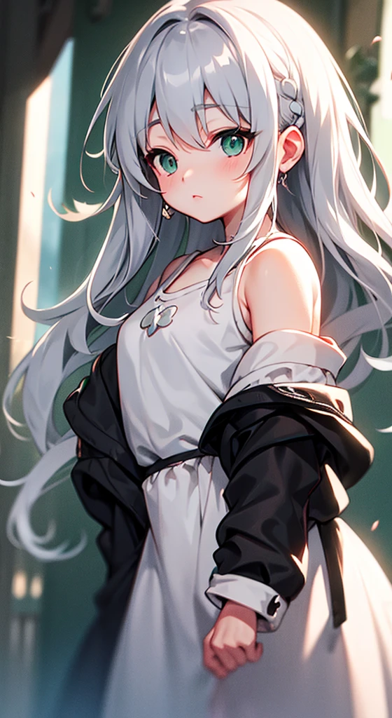 、Silver Hair、Hair tips are green、Shoulder-length hair、Side tail on the left hand side、Green Eyes、Clover mark on eye
