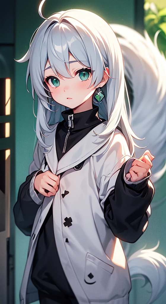 、Silver Hair、Hair tips are green、Shoulder-length hair、Side tail on the left hand side、Green Eyes、Clover mark on eye