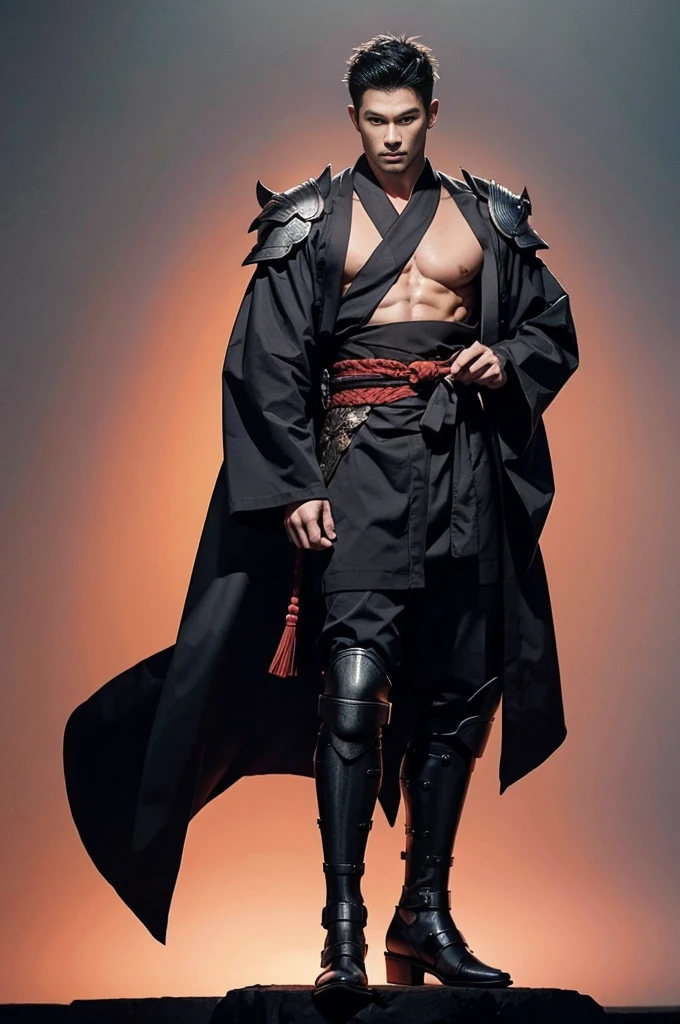 full-body shot,Sexy, handsome and strong male half-naked warrior, Nice face, Delicious Company, Charming figure, Wearing a sexy open kimono with armor. the artwork is created in a medium reminiscent of japanese ink painting....., 具有大胆的笔触和Monochromatic color palette. The artist's masterful technique reveals the intensity and power and presence of the image,with the highest quality, Perfectly capture every detail with ultra-high resolution. Textures and intricate patterns on armor and kimonos are rendered with extreme precision. Lighting is carefully designed,Enhance the drama, Features deep shadows and subtle highlights. General, Artwork exudes elegance and power, Combining Japanese traditional aesthetics with modernity. Monochromatic color palette, Combine details, Create captivating and immersive experiences for your audience.